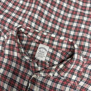 Brooks Brothers Regent Fit L Red Plaid Linen Button Down Shirt Mens